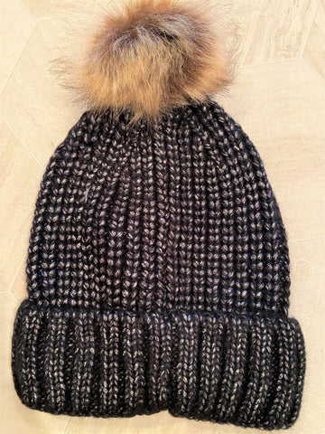 Metallic Rib Knit Pom Beanie - Black